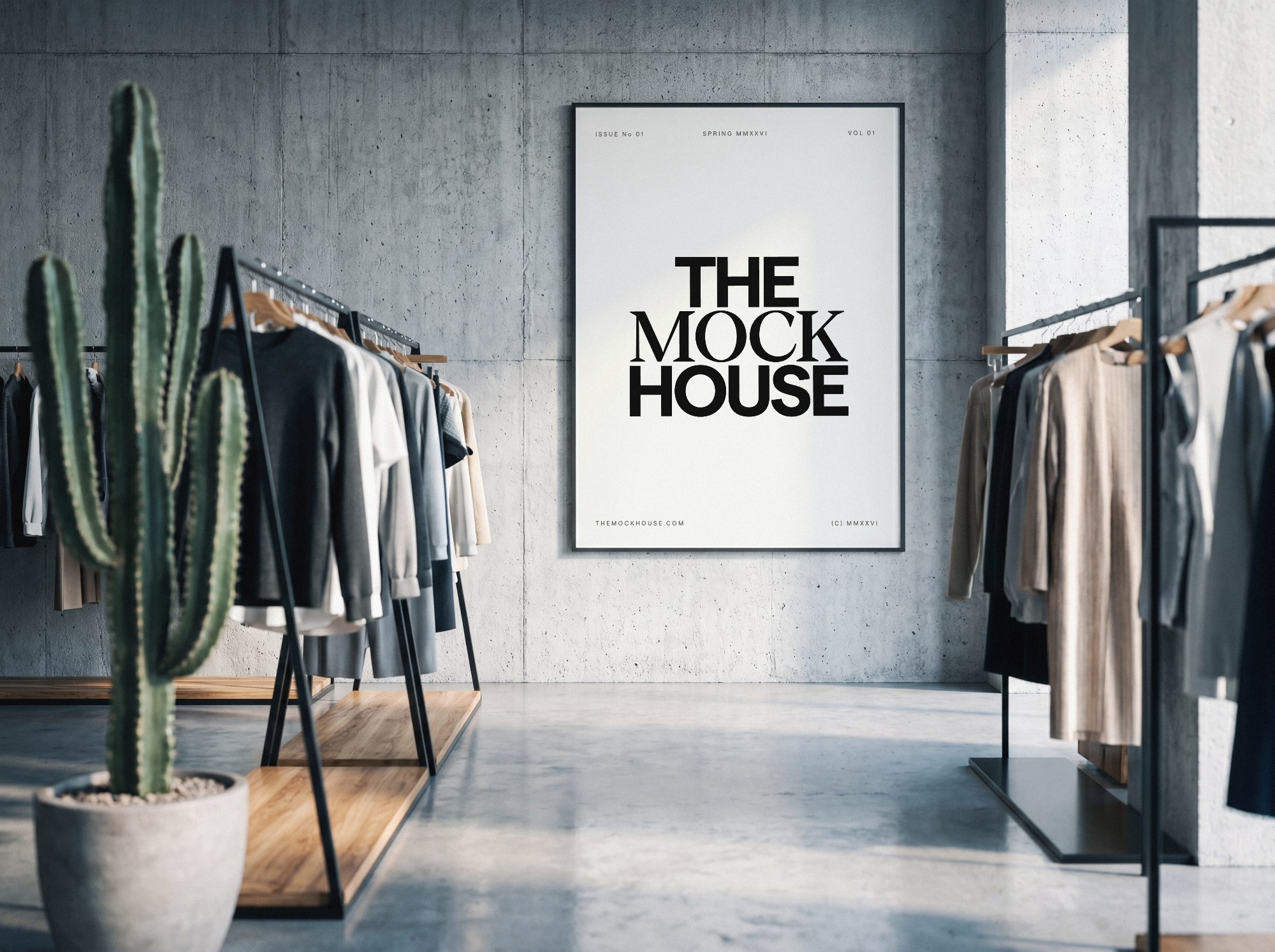 Framed Poster in Clothing Showroom poster mockup